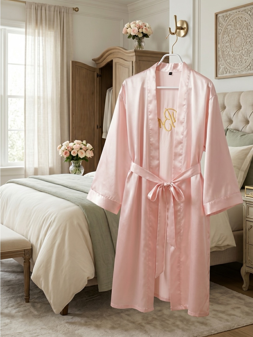 Bride Embroidered Satin Robe - Pink - Picture 3 of 3